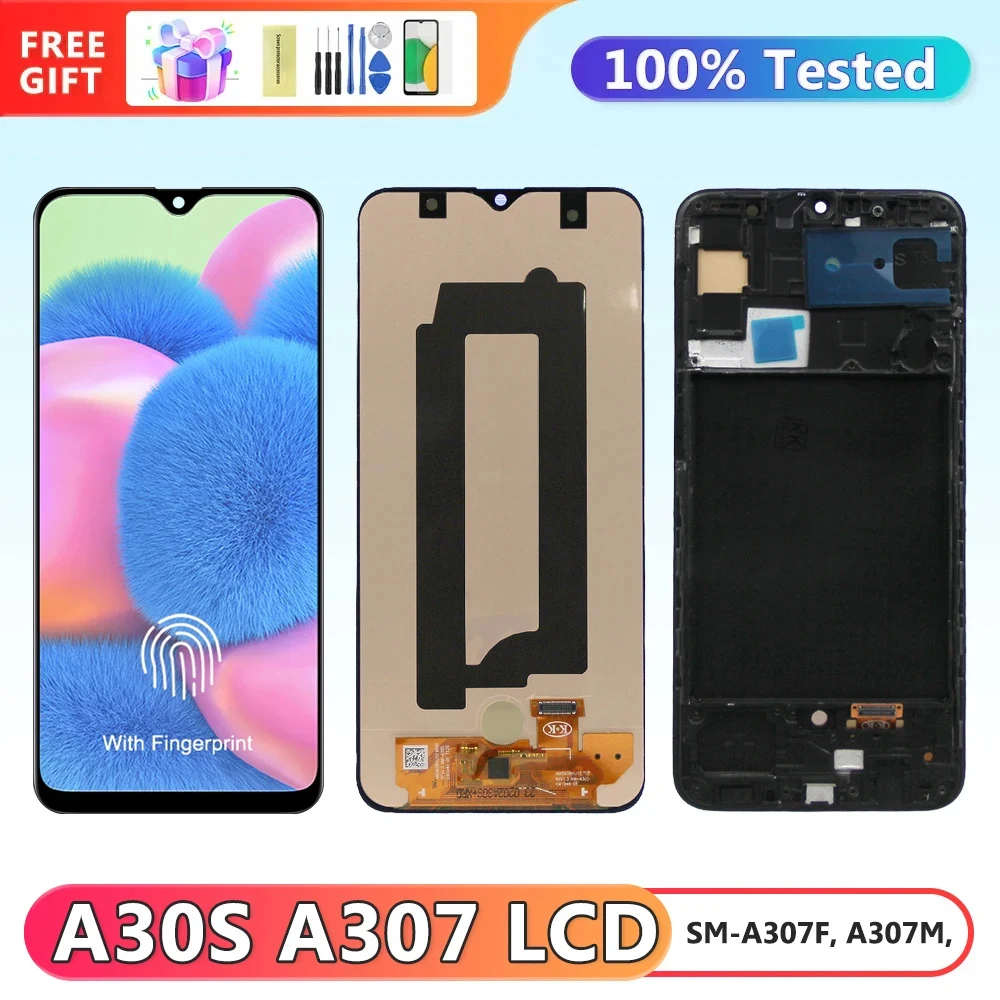 

ЖК-дисплей AMOLED A30S со сканером отпечатков пальцев, цифровой сенсорный экран в сборе для Samsung Galaxy A30S, A307, A307F