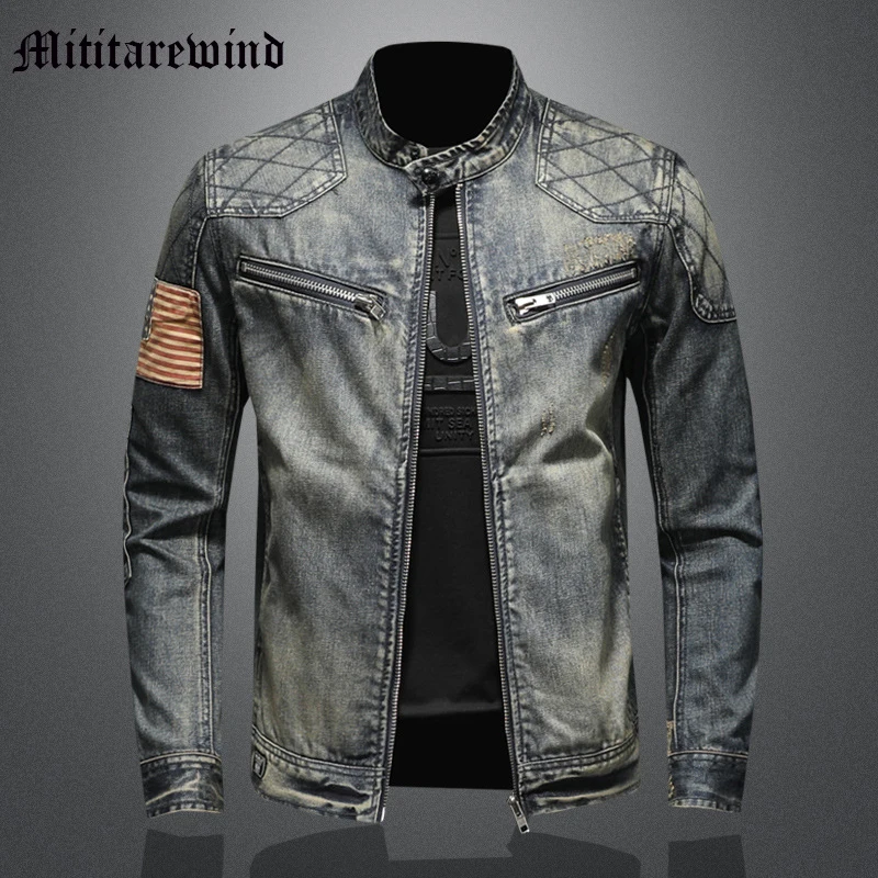 

Men's European And American Style Jackets Y2k Casual Spliced Vintage Blue Flag Patches Hip Hop Streetwear Male High Street