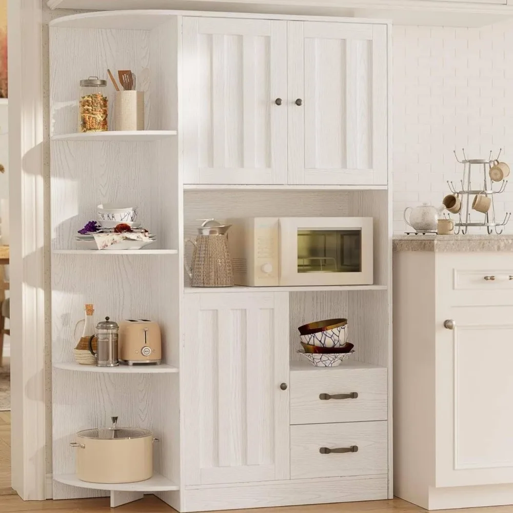 ANCTOR Kitchen Hutch Cabinet With Glass Doors & Power Outlet - Tall Pantry Storage With Microwave Stand & Wine Rack, White