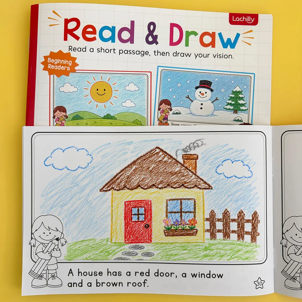 Quaderno di Lettura e Disegno da 32 Pagine per Bambini, Esercizi di Struttura e Sequenziazione di Frasi Corte, Libro Interattivo da Colorare - immagine 3
