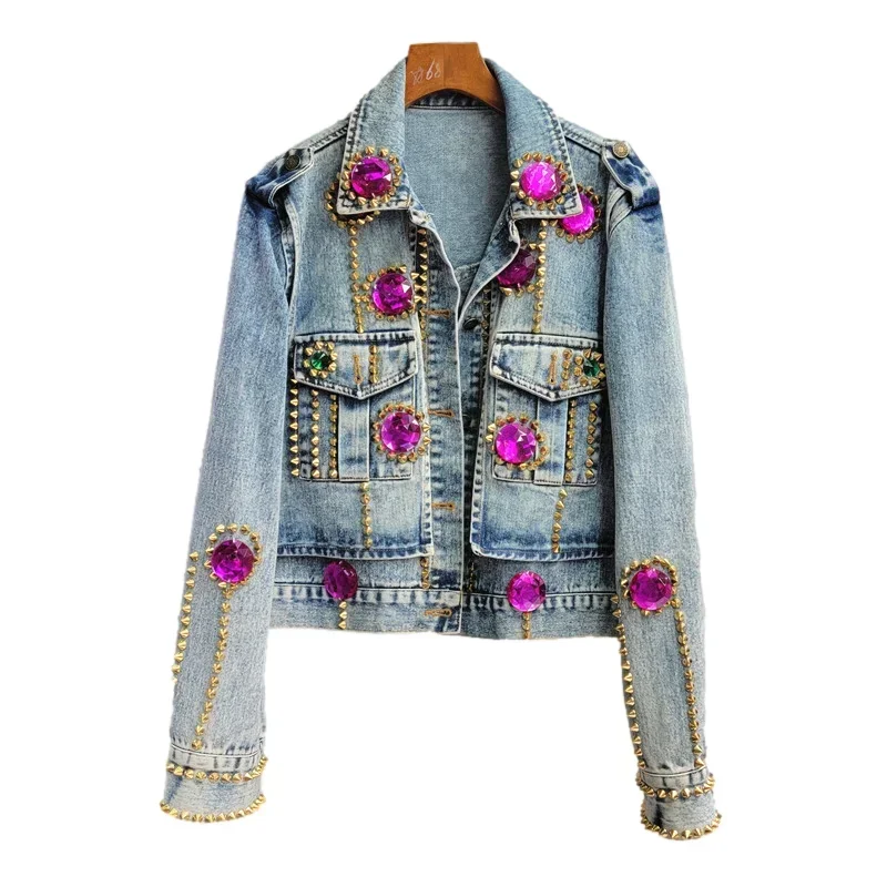 Fashion Denim Jackets Women Korean Loose Short Cowboy Outerwear Rivet Diamonds Big Pocket Jeans Jacket Coat Female