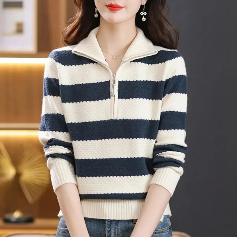 

Autumn Winter Female Half Open Zipper Sweater Korean Ladies Large Size 4XL Pullover Knitting Women Loose Fitting Stripe Knitwear