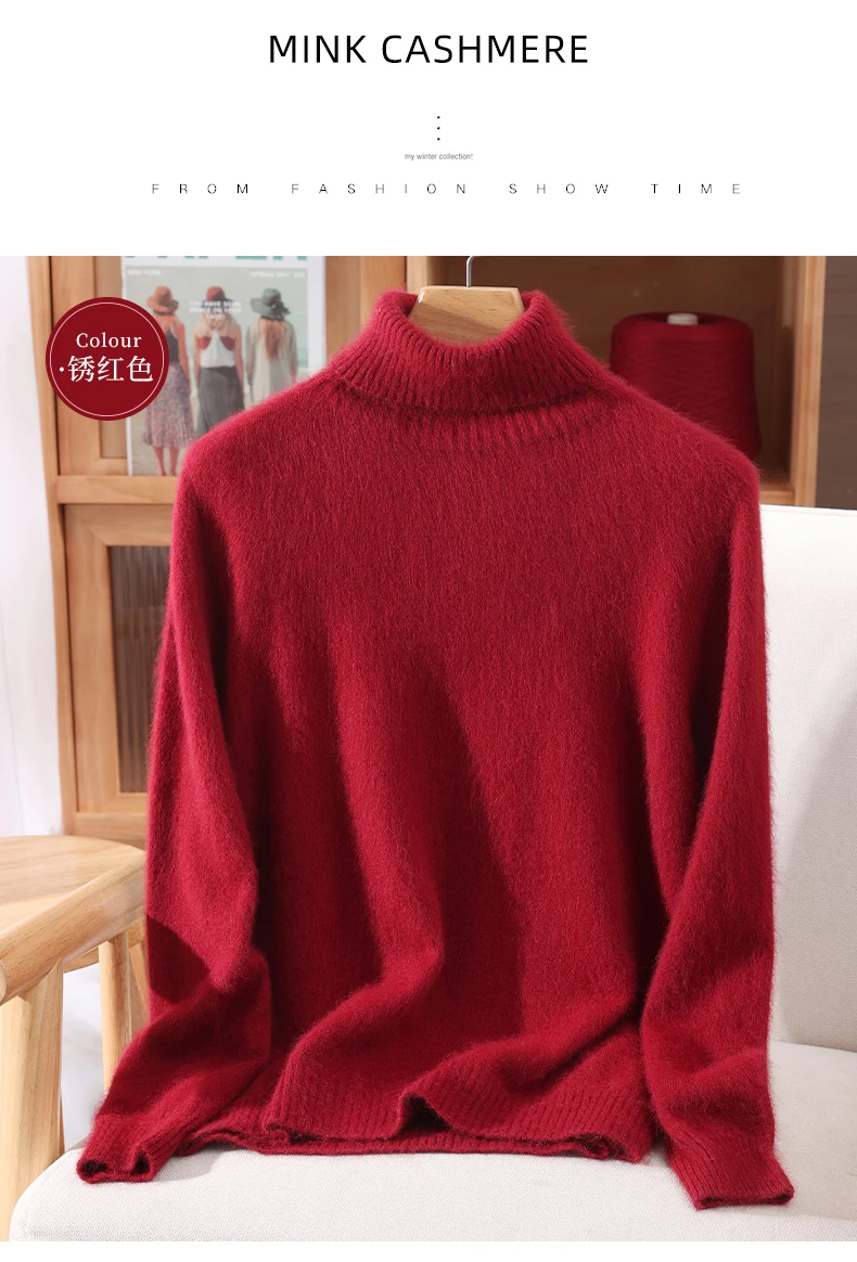 Damen-Pullover mit hohem Kragen, 100 % Nerz-Kaschmir, Herbst/Winter, lange Ärmel, Strickpullover, lockere Unterseite, modisches Basic-Oberteil, 23 Farben – Detail 36