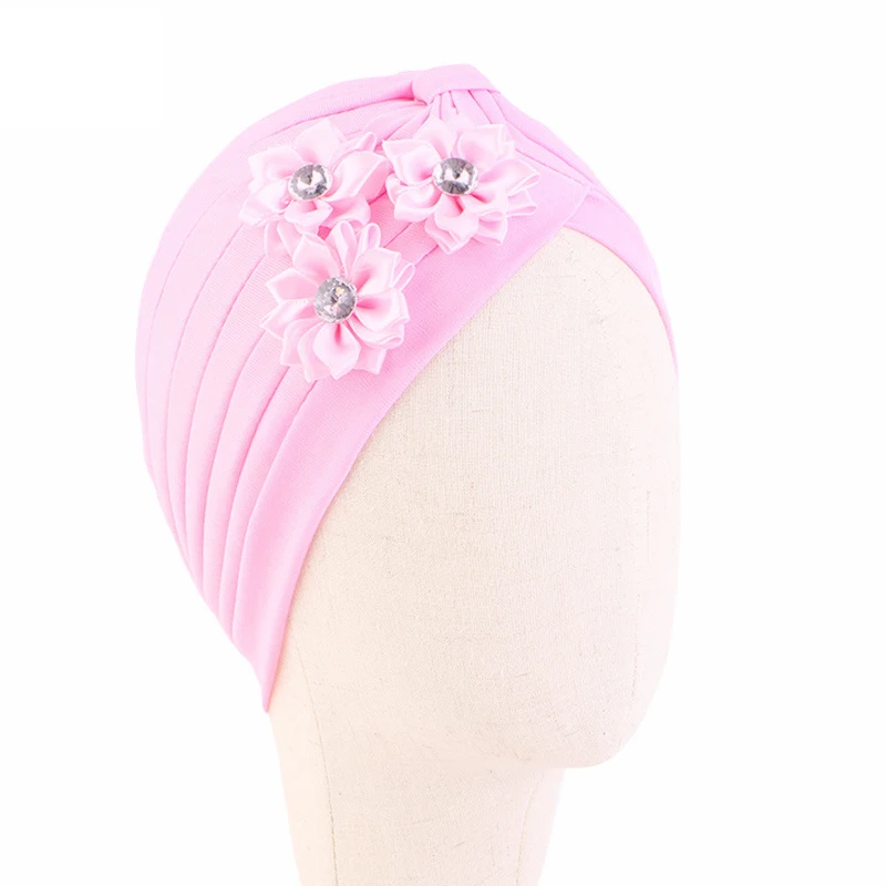 Flower Newborn Baby Kids Girls Muslim Hijab Bonnet Indian Chemo Cap Turban Headwrap Scarf Pleated Beanies Arab Hat Children Caps
