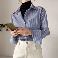 AOSSVIAO 2026 Blouse Classique Rayée Femme Printemps Automne Chemise Ample à Col Montant et Manches Longues Lanterne Blusas Tops 3