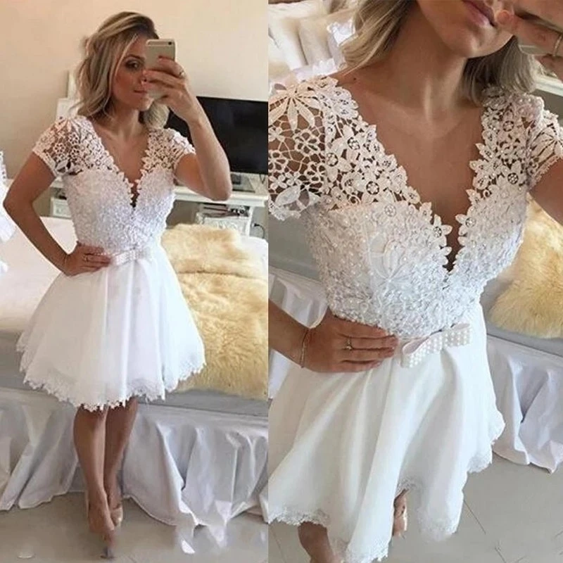 

ANGELSBRIDEP White Short Homecoming Dress V-Neck Lace Pearls Prom Wedding Party Gowns Girls Graduation Vestido De Formatura