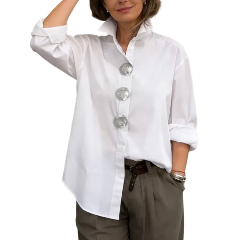 Yeezzi Women's Cotton White Buttoned Shirt 2026 New Elegant Loose Lapel Blouse Casual Long Sleeves Office Tops For Ladies 6