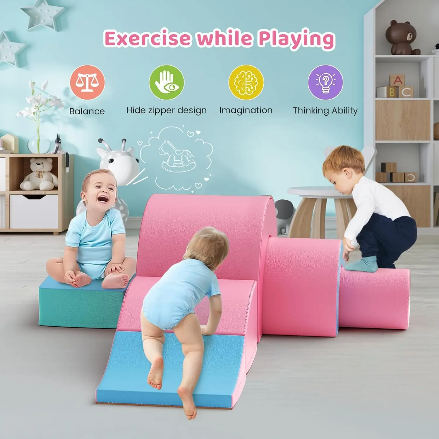 Foam Climbing Blocks, 5 Pcs Crawl and Climb Foam Playset with Foldable ...