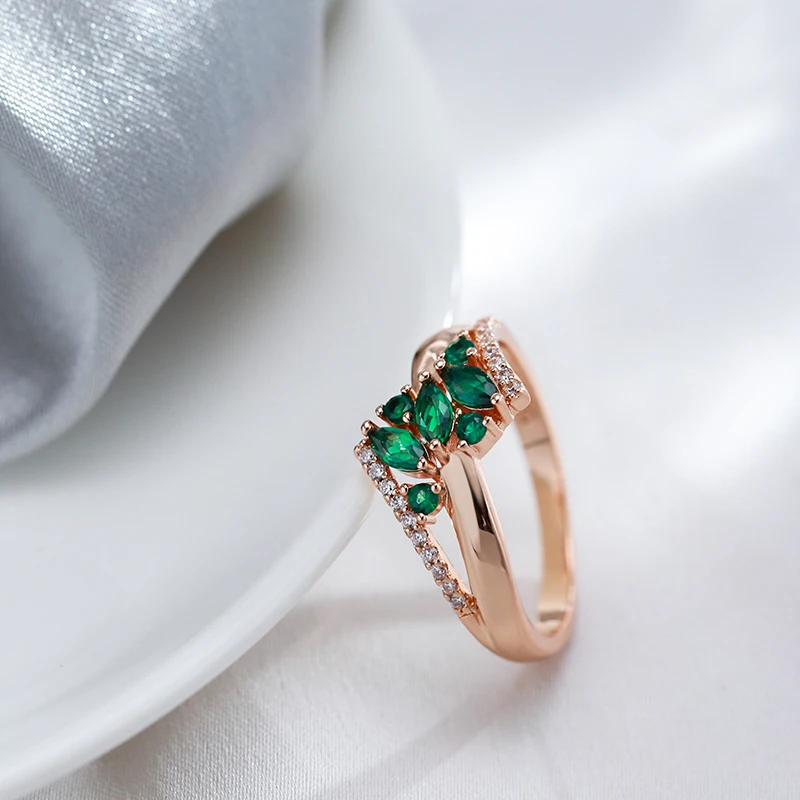 Kinel Luxury Green Natural Zircon Ring For Women 585 Rose Gold Color White Stone Daily Easy Matching Fine Jewelry Gift