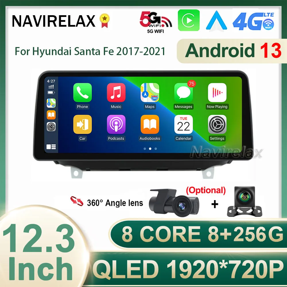 

12.3 Inch Android 13 QLED Screen Car Radio Multimedia Video Player for Hyundai Santa Fe 2017-2021 Auto GPS Navigation 360 Camera
