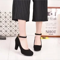 Spring Women Pumps Flock Sweet Thick High Heels Ankle Strap Female Platform Classic Round Toe Dress Cute Shoes Ladies Footwear 2