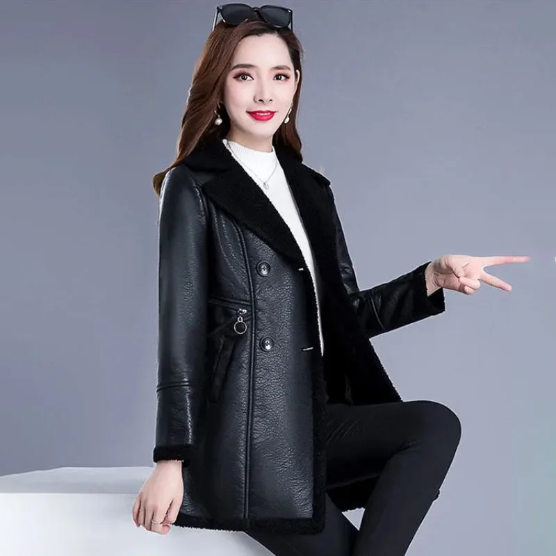 여성용 시크한 가죽 재킷, 긴 오버사이즈 6XL 플러스 벨벳, 두껍고 따뜻한 슬림 퍼 원 코트, 패션, 가을, 겨울, 2024