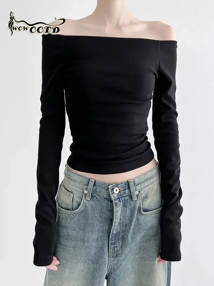 

WOWOOTD Fashion Slim Sexy Cropped T Shirt Women Fall Clothing Black Solid Slash Neck Elegant Long Sleeve Tops Korean