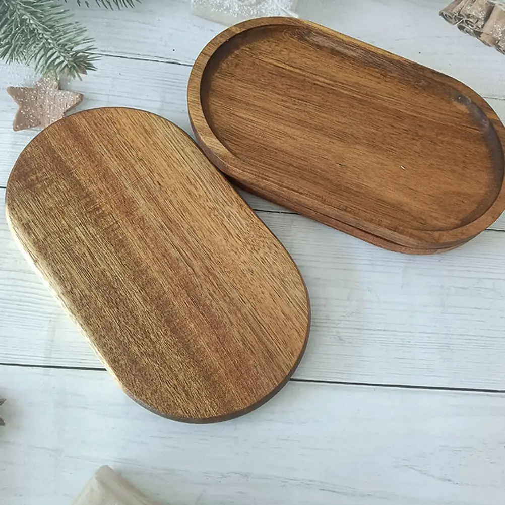2 Pcs Acacia Solid Wood Tray Decorative Storage Container Food Wooden Pallets Confectionery Plate Dumpling Bread Bowl 3