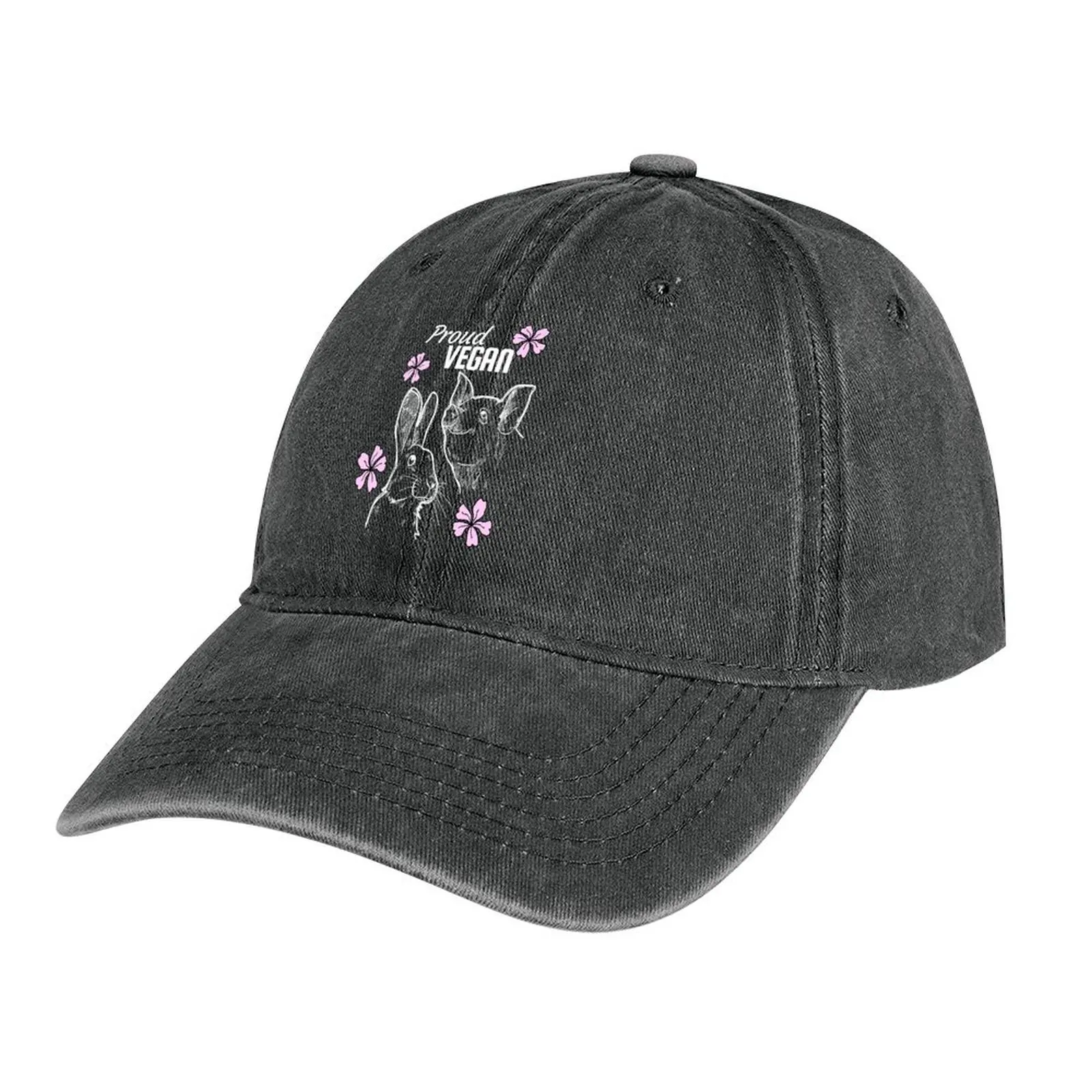 

Proud vegan text with some pink flowers and pig and a rabbit Cowboy Hat Hat Luxury Brand Hood Men's Women's