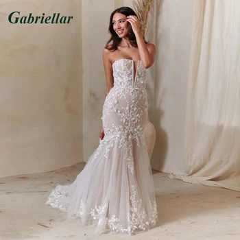Gabriellar Abiti da sposa eleganti a sirena Senza spalline Applicazioni in pizzo Tulle Piega Sweep Train Brautkleid De Mariee Personalizzato