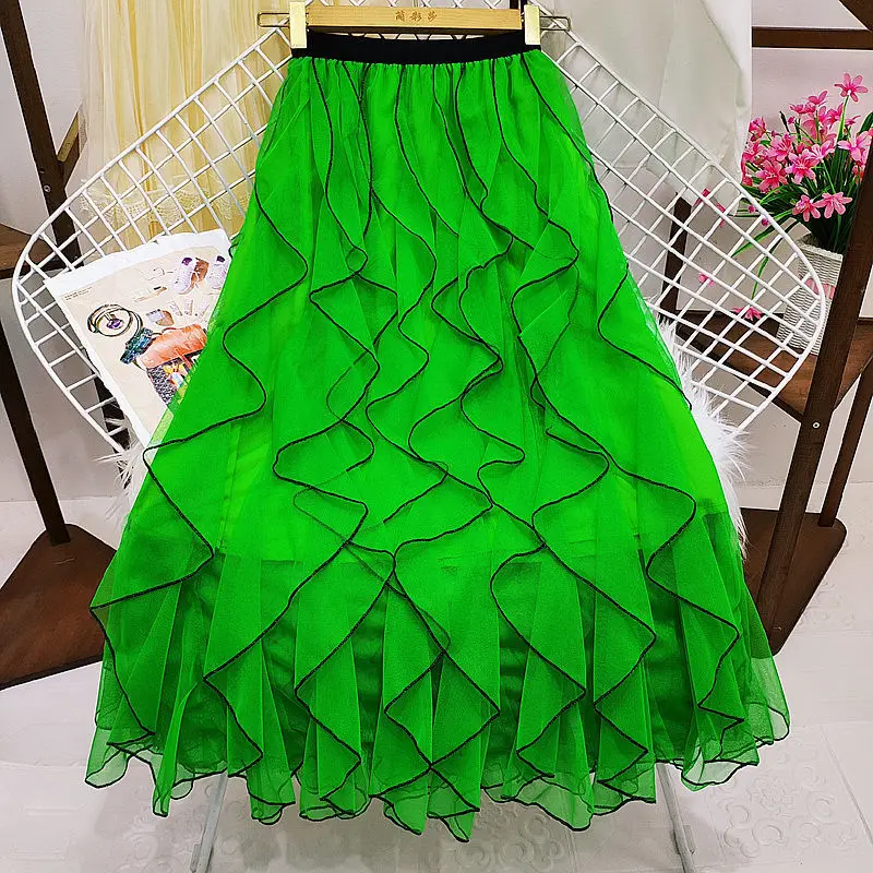 

Ruffle edge patchwork irregular large swing mesh skirt, summer high waisted slim half skirt, women's mid length A-line long skir