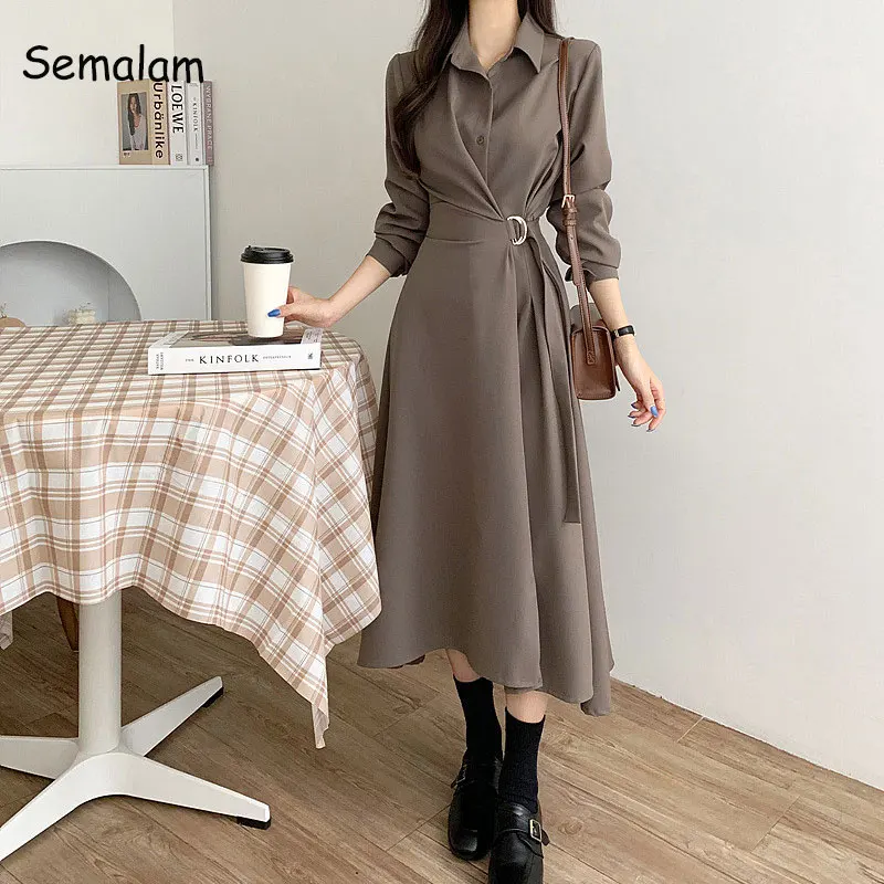 

Elegant Polo Neck Women Dresses With Blet Sring Retro Long Sleeve Midi Dresses Hepburn Korean Black Office Lady A Line Dress