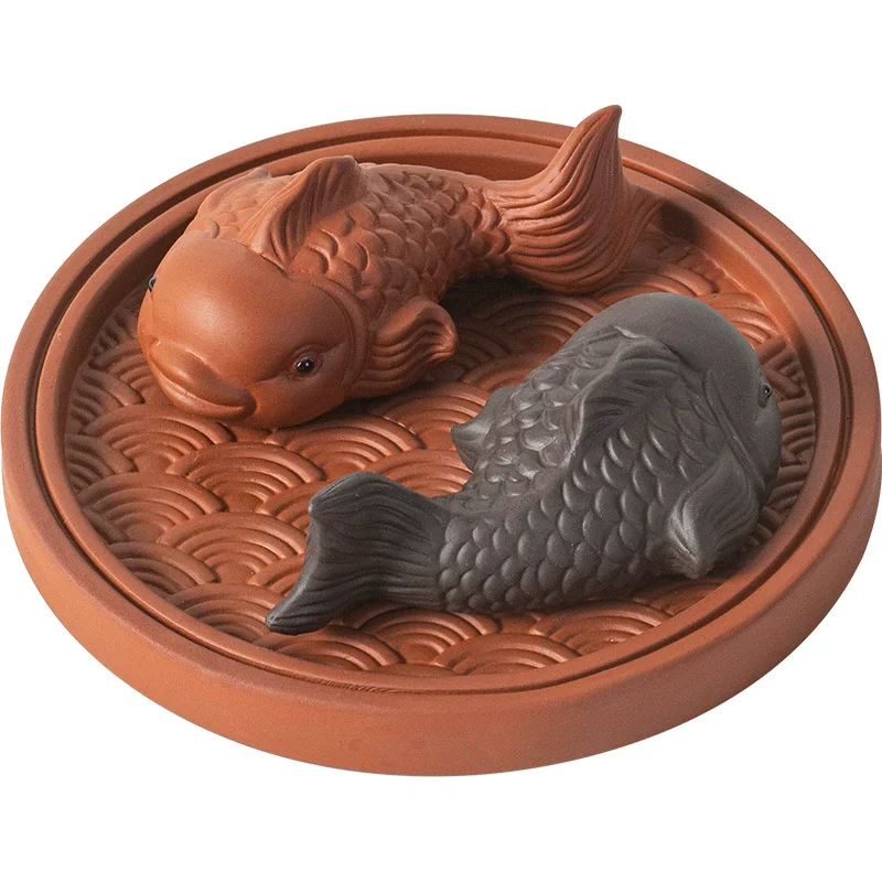 Rotating Purple Sand Koi Tea Pet - Handmade Tea Set Accessory, Office Desk Decor, Chinese Zen Style Aquarium Ornament