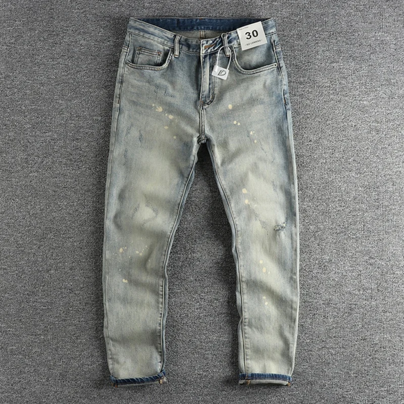 

2024 New Street Retro Nostalgic Washed Jeans Men's Slim Fit Ankle-Tied Trendy Youth Distressed Long Pants