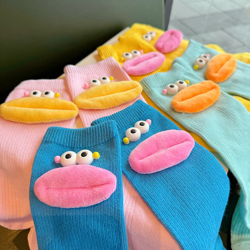 Socken Frauen Baumwolle Nette Cartoon Große Augen Weiche Japanische Koreanische Schweiß Stil Nette Kawaii Kurze Mittelrohr Lange Crew Lustige Socken