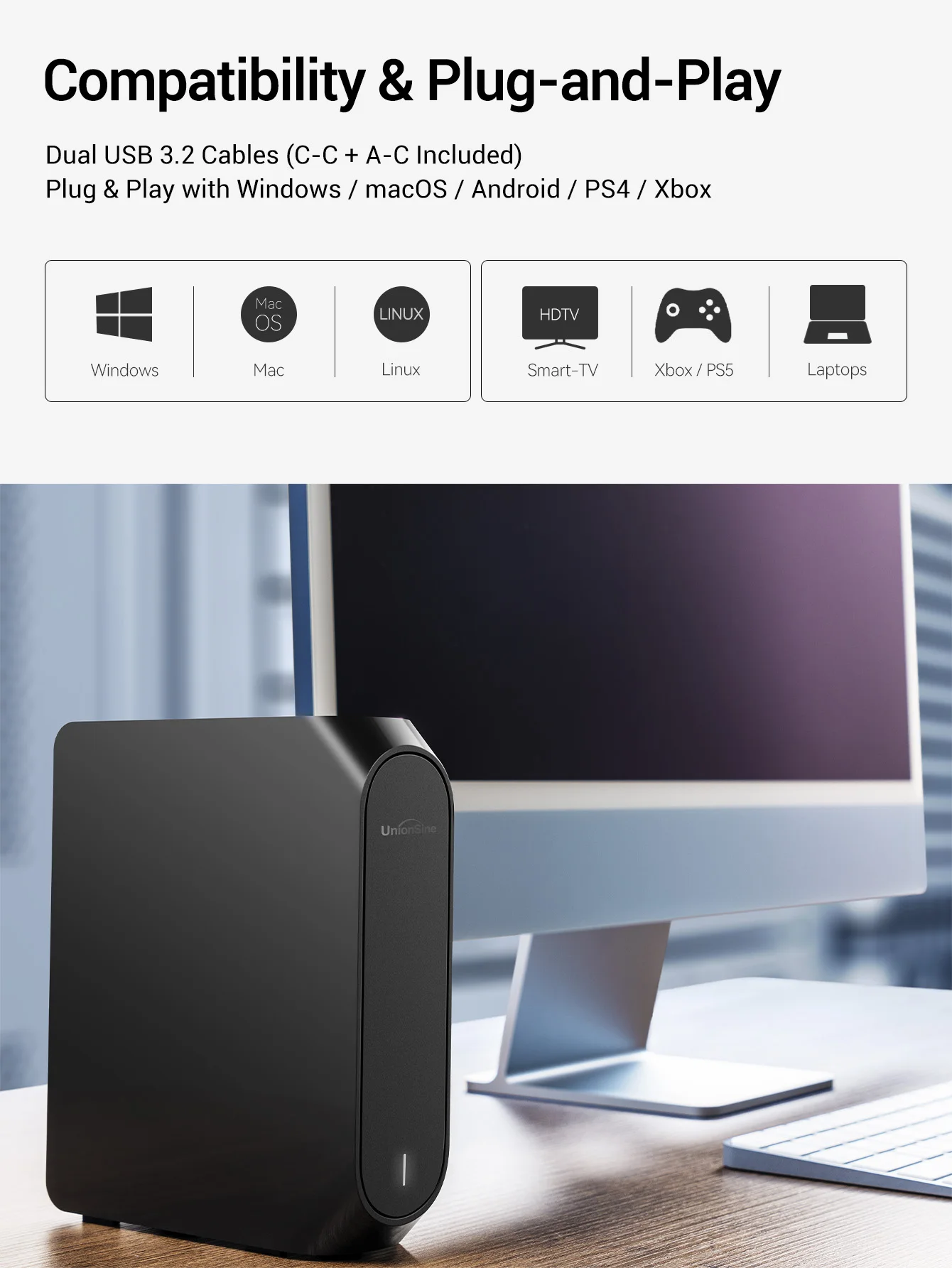 UnionSine 10/12/18TB 大容量HDD - USB 3.2 Gen2 高速転送 4K