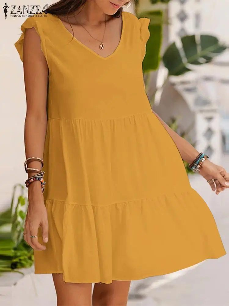 

2023 ZANZEA Woman Fashion Ruffles Sundress Summer Holiday Beach Dress V-Neck Sleeveless Solid Dresses Casual Elegant Party Robe
