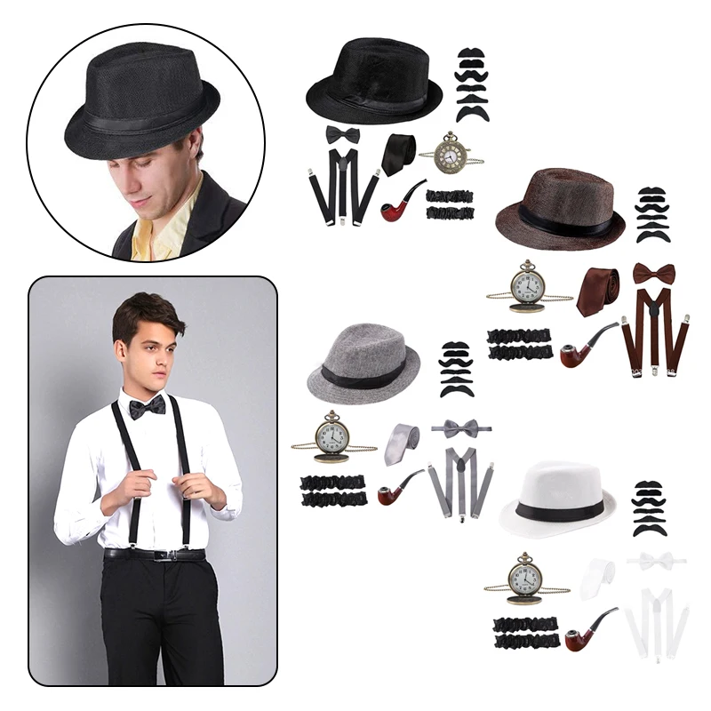 Halloween 1920's Cosplay Costume Hat Pocket Watch Neck Tie Moustache Bowtie Gatsby Masquerade Accessories 1Set