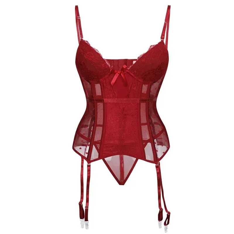

Sexy Corset Lingerie Women Mesh Breathable Overbust Shaping Split Garter Set Girl G-string Fishbone Bodysuit Underwear