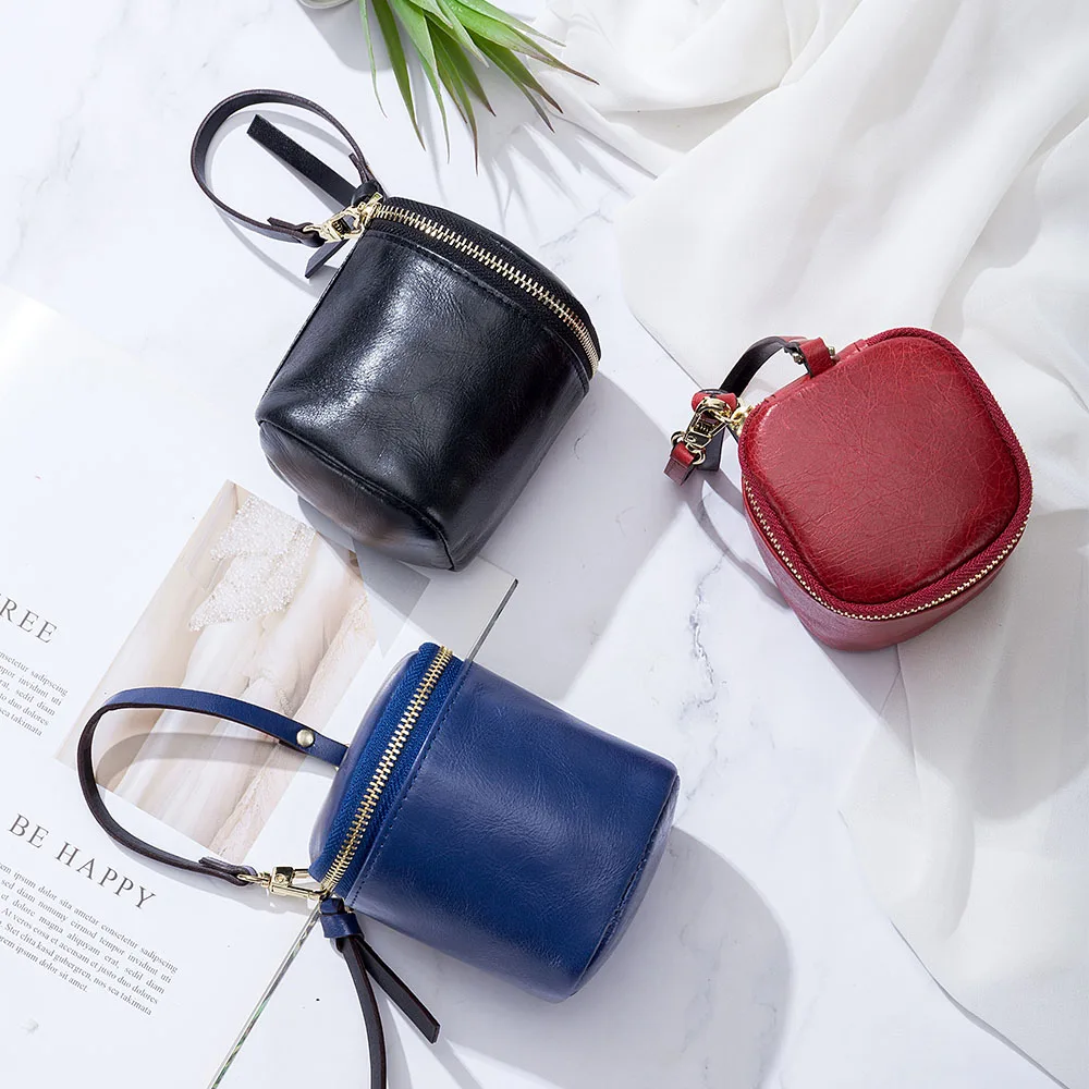 Mini handbag, red bag, earphone, barrel bag, soft leather, niche design, simple coin, pocket money, ins style