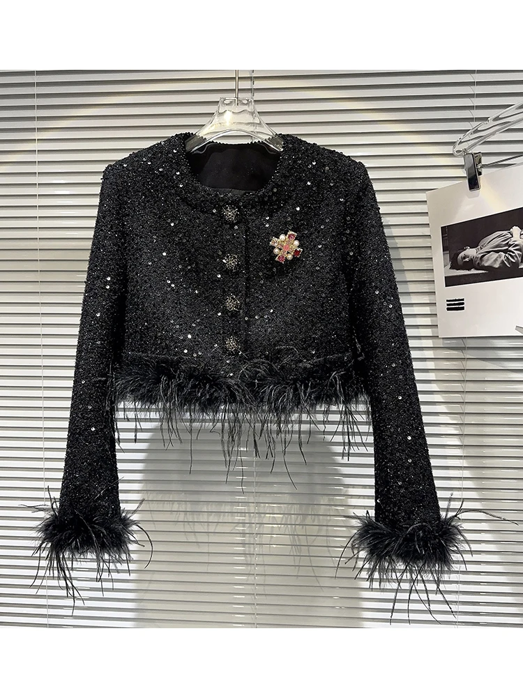 

HIGH STREET Newest 2023 Fashion Designer Jacket Women's Feather Embellished Sequined Tweed Short Jacket
