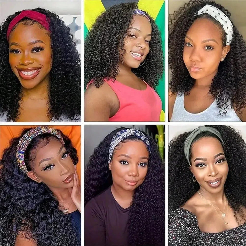 Curly Headband Wig 20 Inch Deep Wave Glueless Wigs Human Hair Put On And Go Wig 200% Density Deep Curly Wig Natural Color