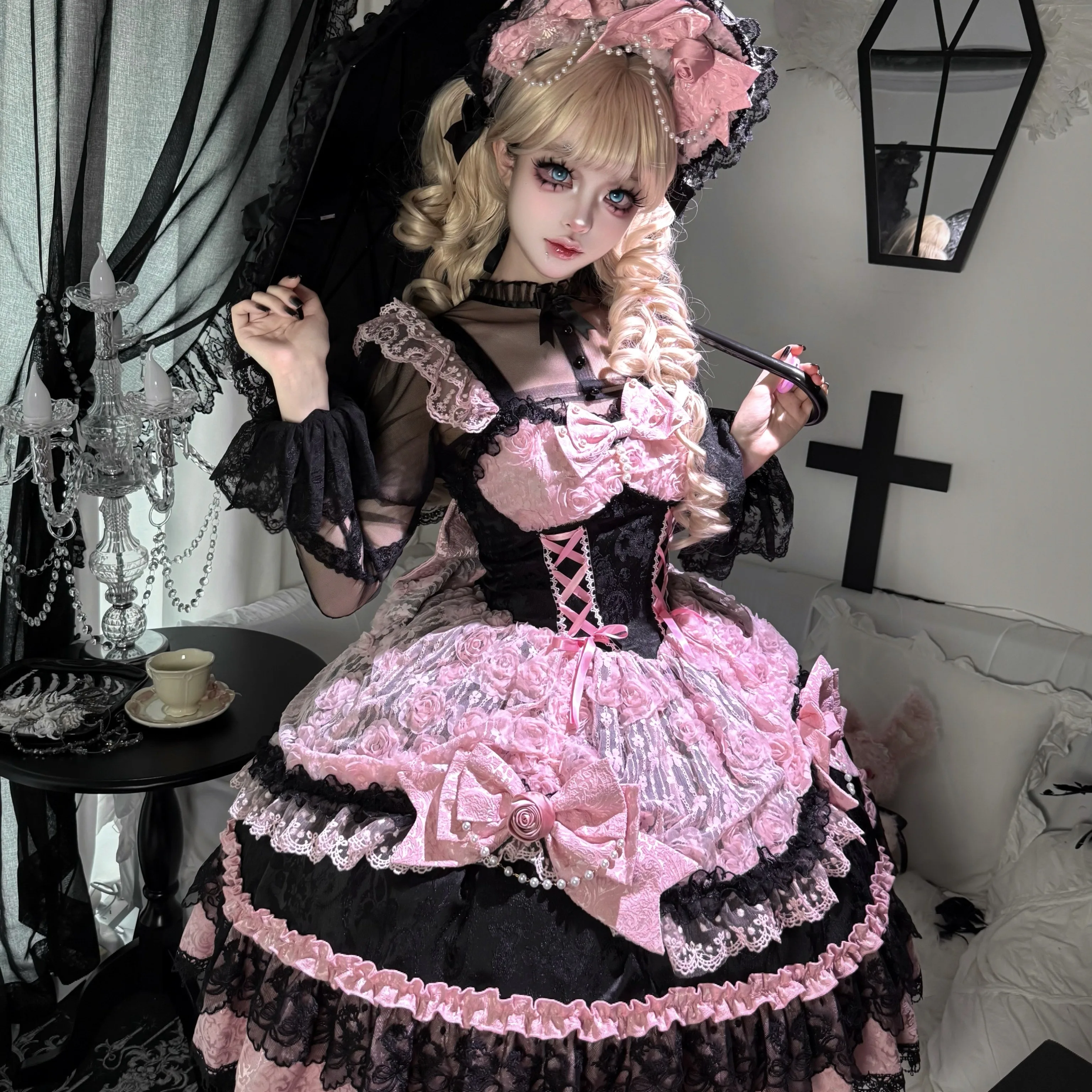 NONSAR Sweet Gothic Lolita JSK Dress Women Vintage Doll Style Bow Lace ...