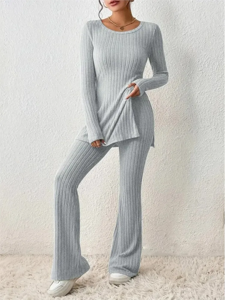 

Pit Stripe Knitted Flare Pant Set Slim Long Sleeve Pullover T-shirts Two Piece Set For Women Solid Simple Sweatershirt Suit Home