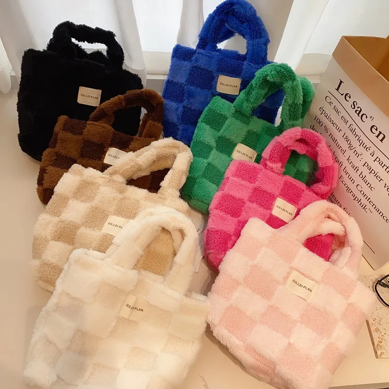 

Зимняя сетчатая плюшевая сумка, Повседневная вместительная сумка-тоут ручной работы, сумки для покупок, женский кошелек