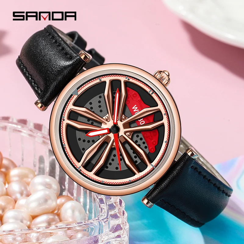 SANDA Outdoor Sports Women Quartz Watches 2023 New Racing Watch 360° Rotating Dial 30M Waterproof Genuine Leather Strap Women