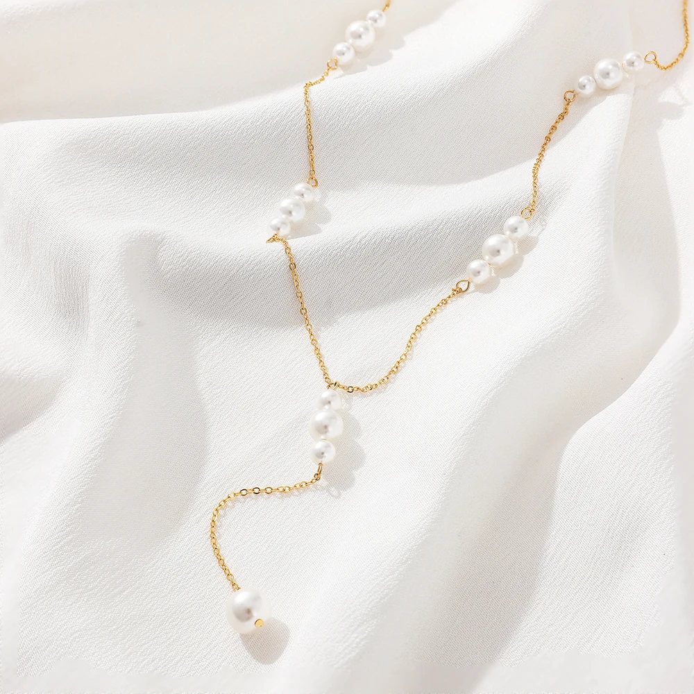 Classy Bride Wedding Pearl Necklace Stainless Steel Thin Metal Chain Long Pearls Pendant Clavicle Choker for Women Trend Jewelry