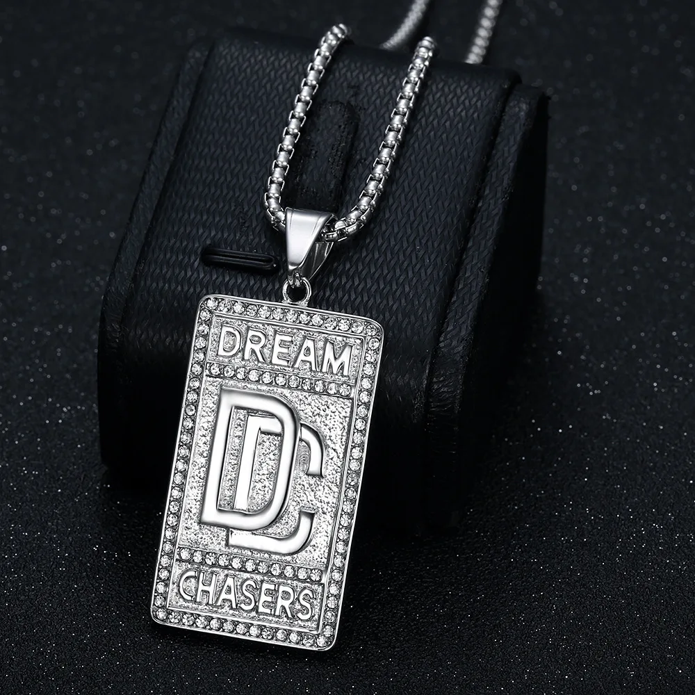 Hip Hop Custom Stainless Steel Gold Crystal Pendant Cubic Zirconia Necklace Men Square Pearl Chain Wholesale 3