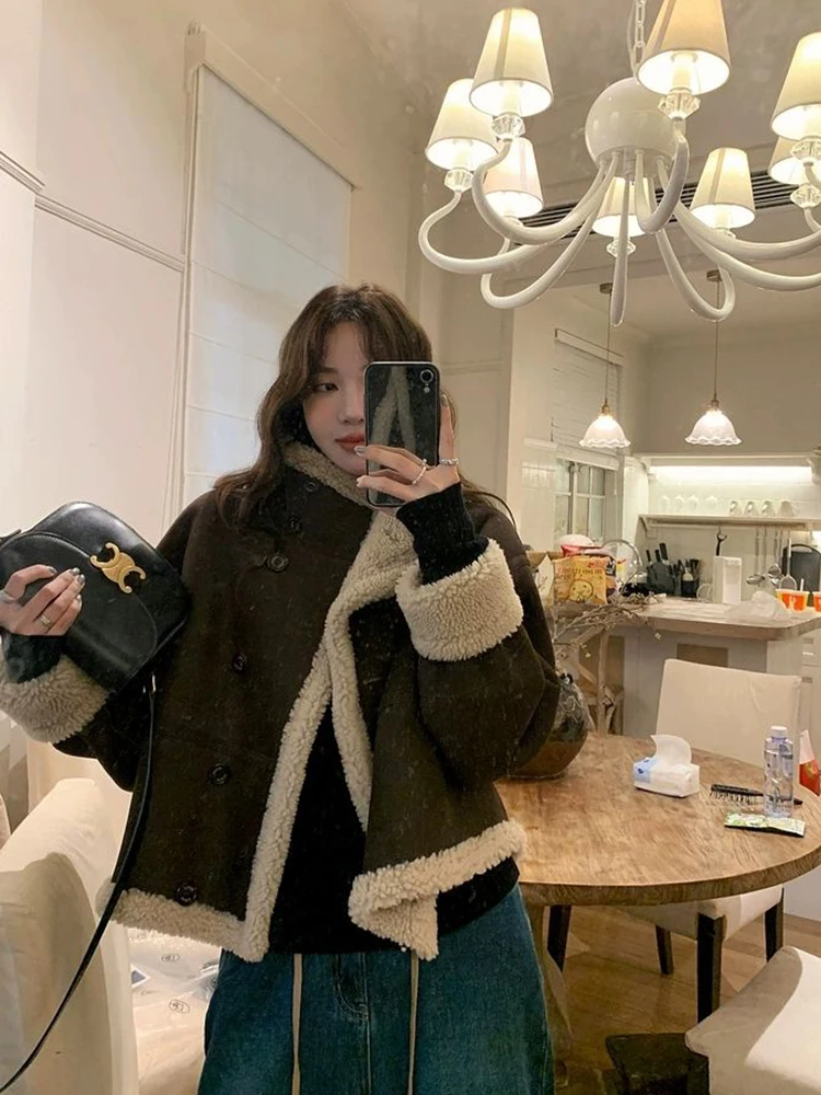 

2023 Women Jacket Korean Fashion Double-sided Lambswool Imitation Leather Woman Clothing Loose Short Female Outwear Top