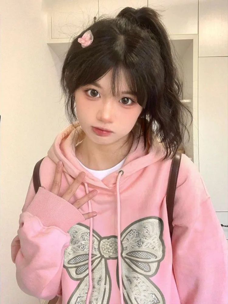 

Y2k Aesthetic Kawaii Hoodie Women Japanese Cartoon Bow Print Hooded Top 2023 Harajuku Sweatshirt Girl Cute Loose Grunge Hoodie