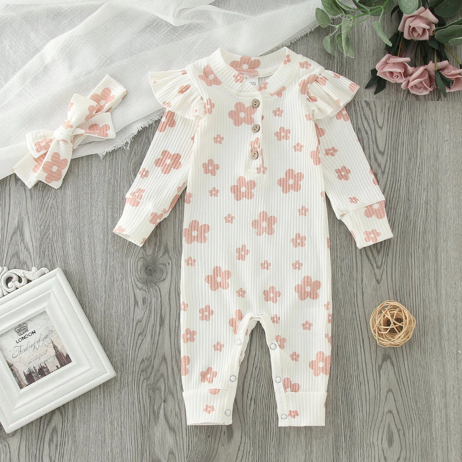 

Baby Girls 2 Piece Outfits Floral Print Ribbed Long Sleeves Romper Jumpsuit Cute Headband Infant Fall Winter Home Clothes 0-12M