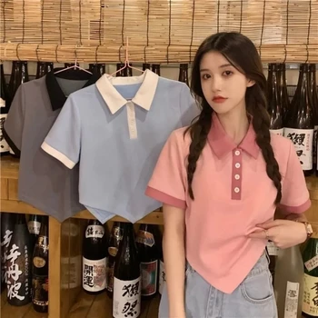 여성용 폴로 셔츠, 반팔 블라우스, 느슨한 패널, 비대칭 패션 티셔츠, 무료 배송, 2022