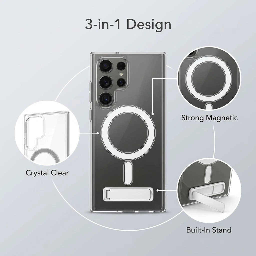 Enhanced Shockproof Magnetic Clear Stand Case - Drop Resistant Slim Hard Cover