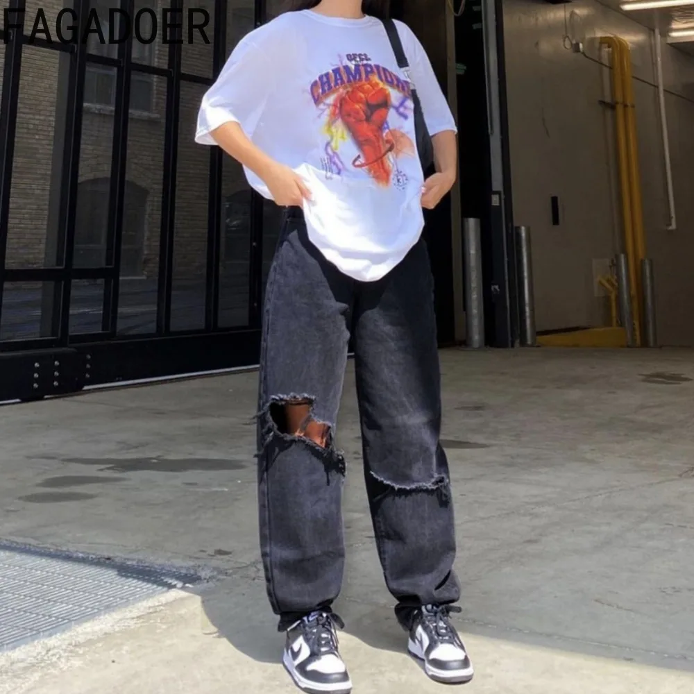 FAGADOER Black Casual Hole Straight Denim Pants Women High Waist Button Loose Trousers Fashion Female Matching Trend Streetwear
