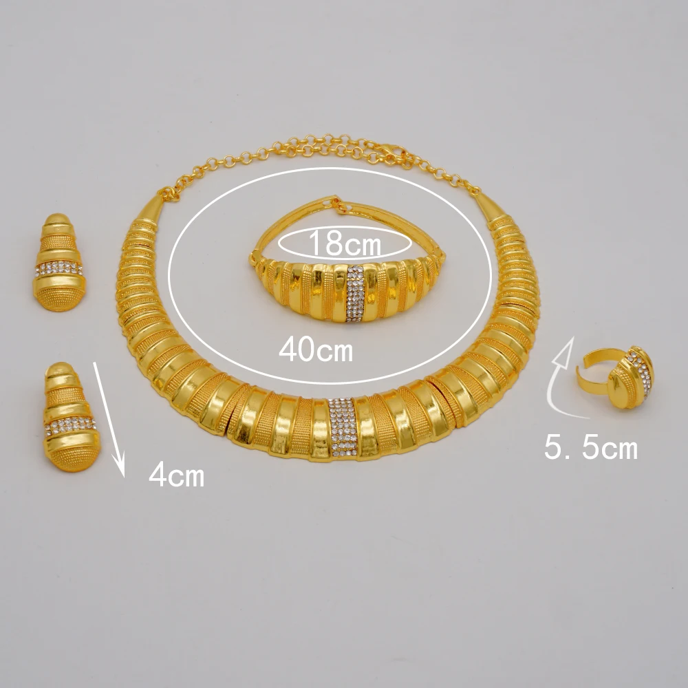 red american diamond necklace set Ethiopia Dubai 24K Gold Color Jewelry Sets For Women Luxury Necklace Earrings Bracelet Ring India African Wedding Gifts earrings and tikka set under 200