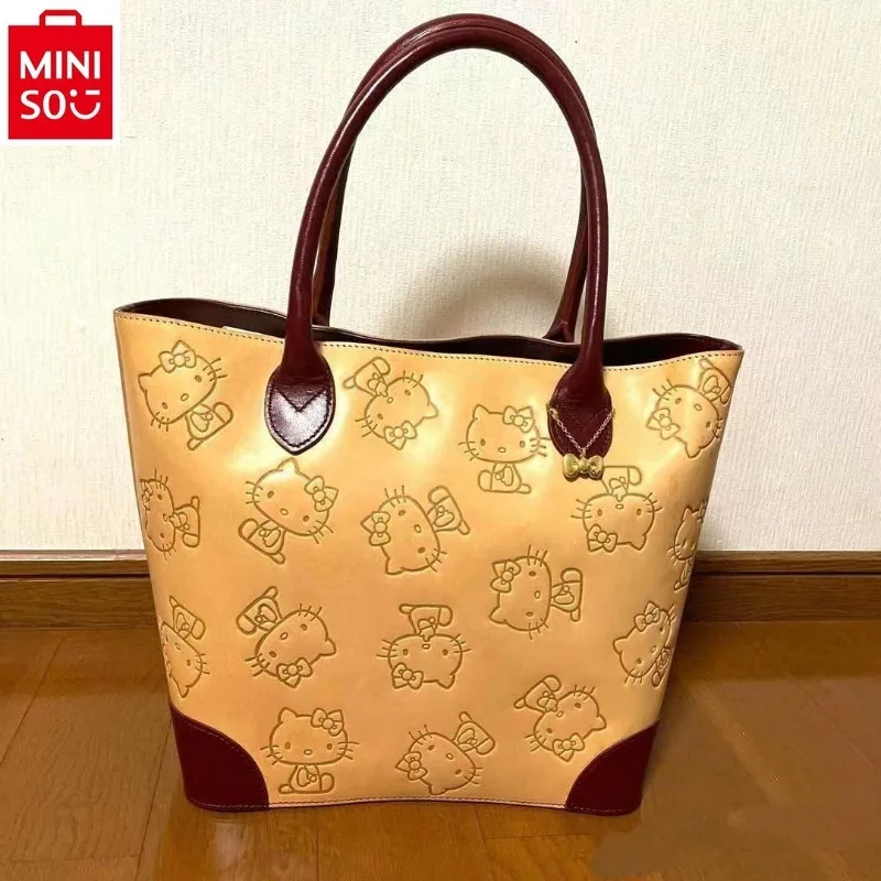 MINISO Hello Kitty Retro Sweet Shoulder Bag Women's High Quality PU Large Capacity Multi functional Storage Bucket Bag
