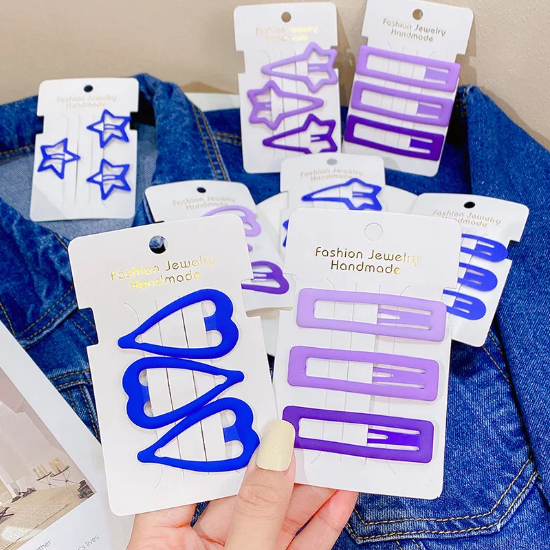 3 Teile/satz Frauen Mädchen Nette Haar Clips Blau Lavendel Herz Stern Geometrische Haarnadeln Süße Pony Barrettes Mode Haar Zubehör – Detail 1
