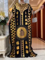 Muslim Summer Short Sleeve Cotton Robe Gold Stamping Boubou Maxi Women Femme Loose Dress With Big Scarf African Ramadan Abaya 3