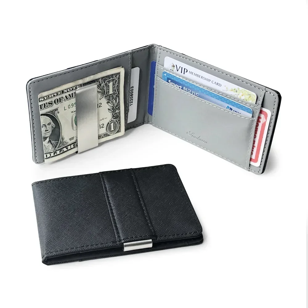 Hot Sale Fashion Solid Men's Thin Bifold Money Clip Leather Wallet with A Metal Clamp Female ID Credit Card Purse Cash Holder 2