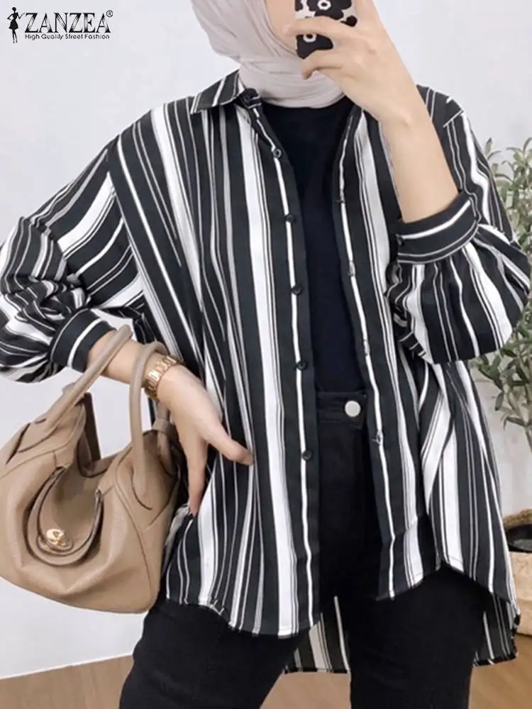 

Elegant Cardigan ZANZEA Women Muslim Fashion Blouse Spring Coats Summer Long Sleeve Shirt Stripe Printed Tops IsIamic Clothing